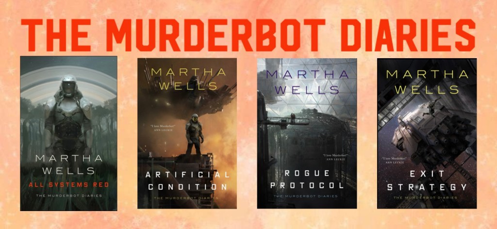 Four cover artworks for Martha Wells novellas: All Systems Red, Artificial Condition, Rogue Protocol, and Exit Strategy
