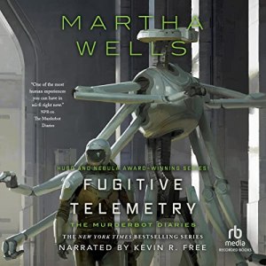 The audiobook cover of Fugitive Telementry by Martha Wells, a Murderbot Diaries novella.
