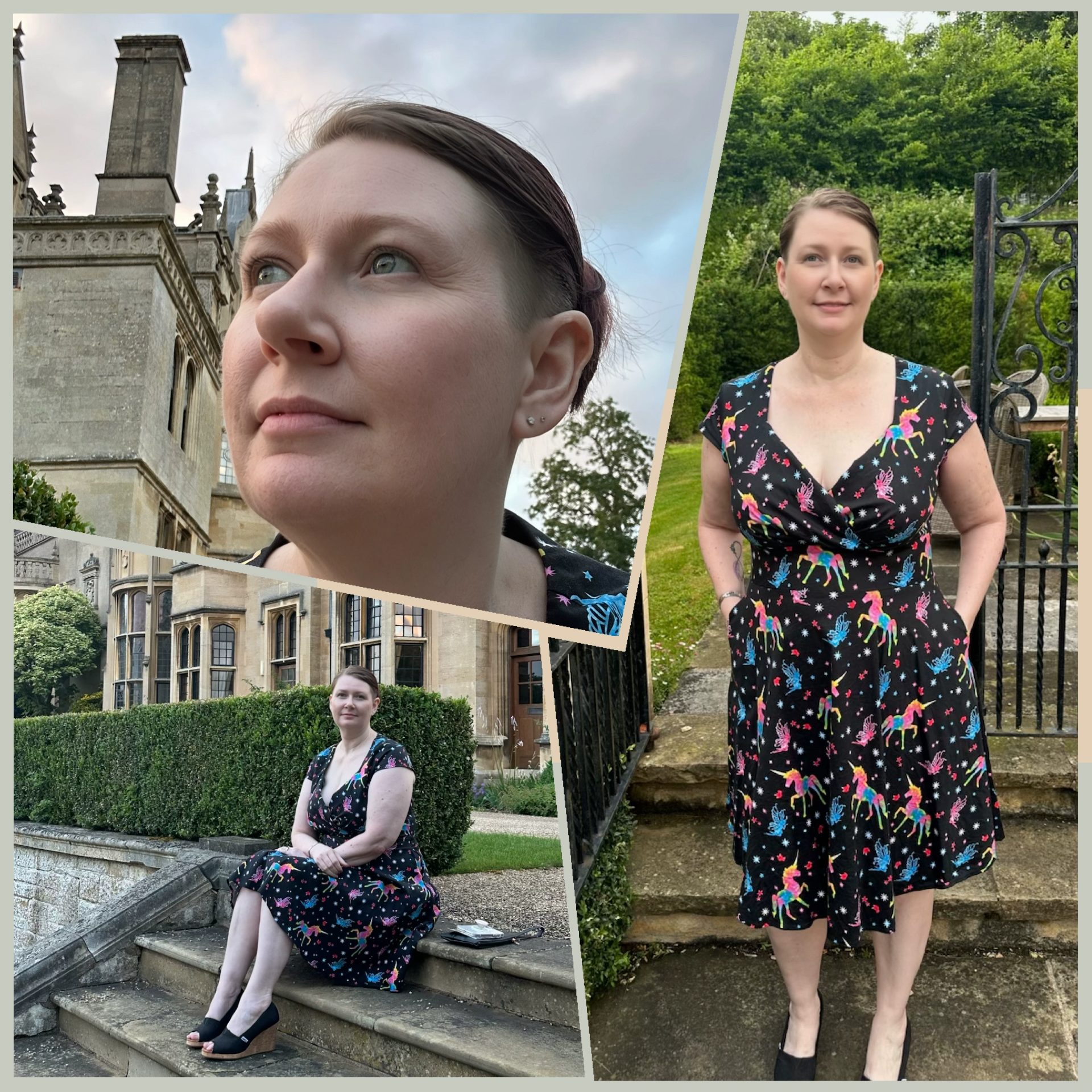 Collage of three photos of Jennifer, all taken on her 20th wedding anniversary at Rushton Hall Hotel & Spa, June 2026