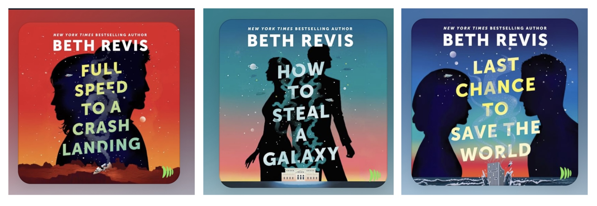 Audiobook covers of three novellas by Beth Revis: Full Speed to a Crash Landing, How to Steal a Galaxy, and Last Chance to Save the World